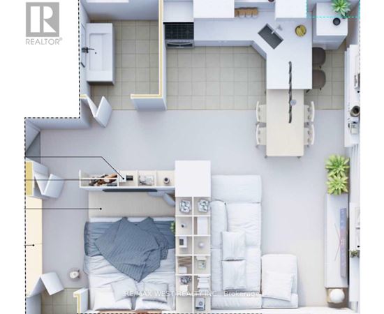 A white bedroom with a bed, nightstand, and a shelf with a plant on it.