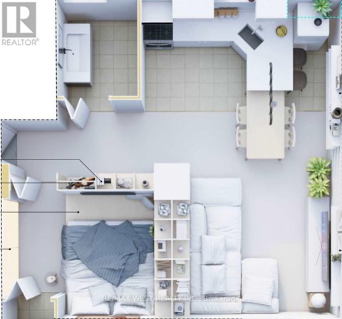 A white bedroom with a bed, nightstand, and a shelf with a plant on it.
