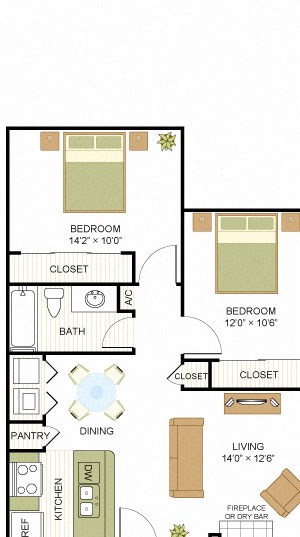 Plan B1 Two Bed One Bath 800 Sq.ft. FloorPlan Plan B1 Two Bed One Bath 800 Sq.ft. FloorPlan at Peppermill, Universal City, Texas