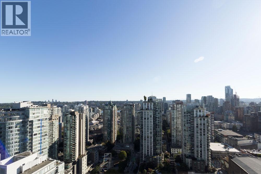 A cityscape with tall buildings and a clear sky.