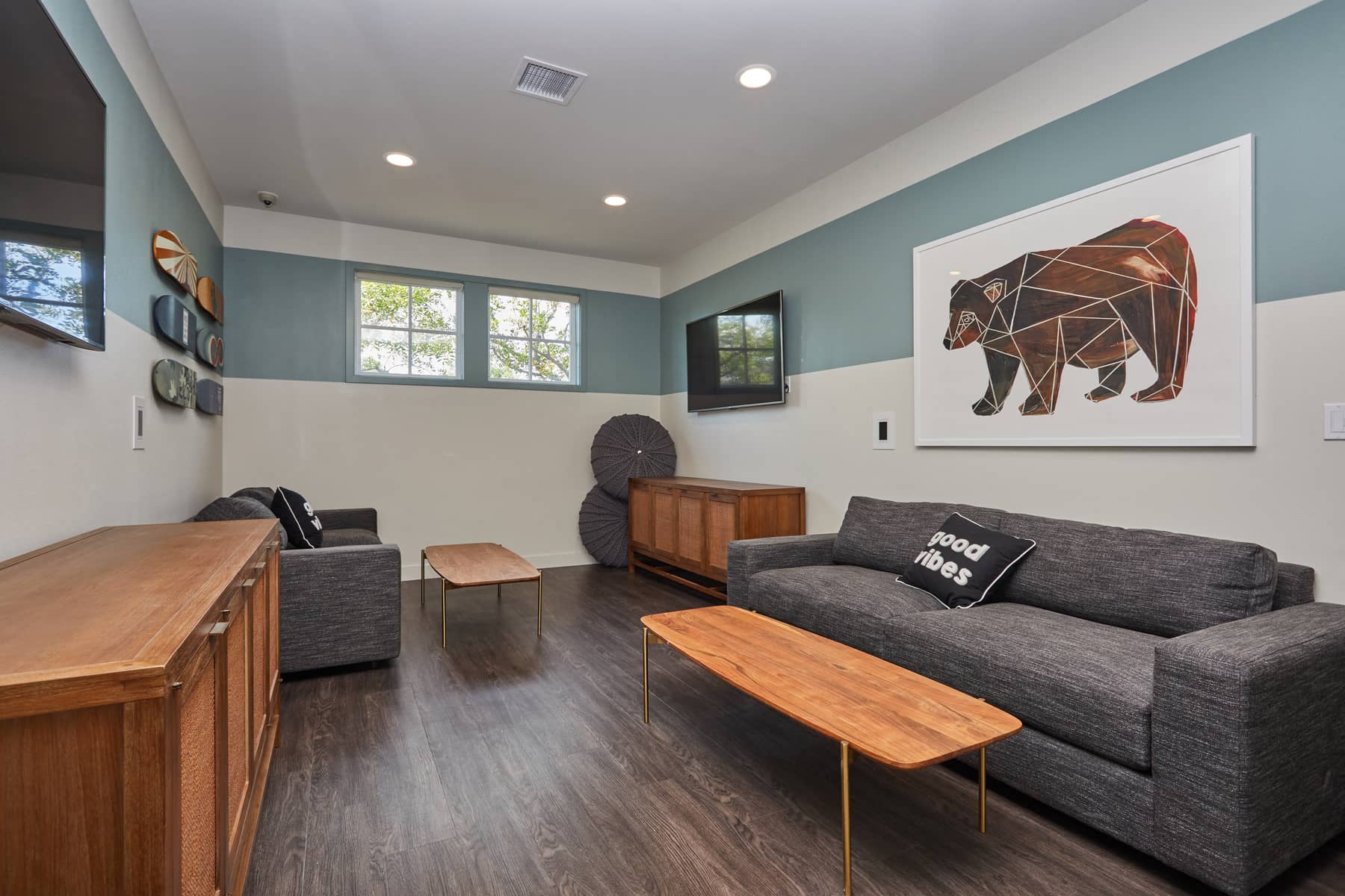 a living room with a couch and a table
