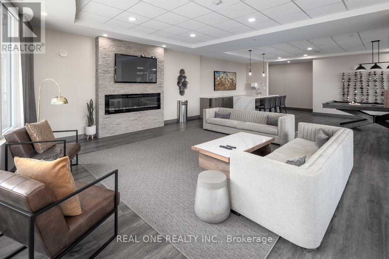 A modern living room with a fireplace and a television.