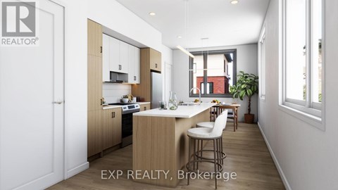 A modern kitchen with wooden cabinets and a dining area.