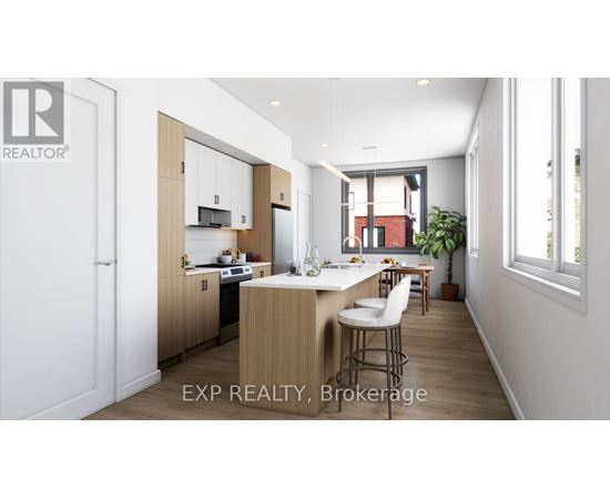 A modern kitchen with wooden cabinets and a dining area.