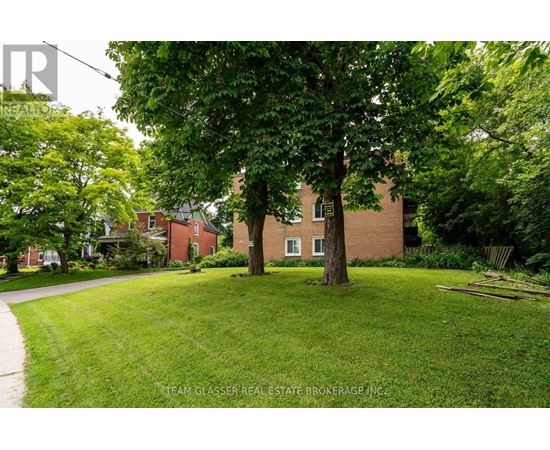 A tree in a yard with a house in the background.