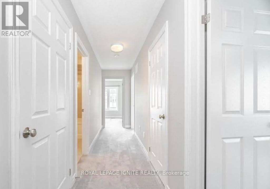 A hallway with white doors and a light on the ceiling.