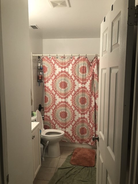 A small bathroom with a toilet, a shower curtain, and a rug.