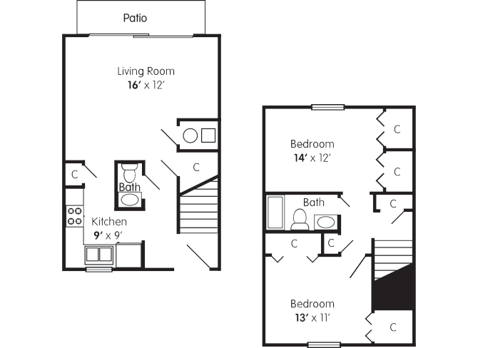 Two Bedroom Townhome Floorplan at Cambridge Square North in Indianapolis IN Two Bedroom Townhome Indianapolis IN Apartment