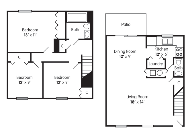 Three Bedroom Townhome Floorplan at Cambridge Square North in Indianapolis IN Three Bedroom Townhome Indianapolis IN Apartment