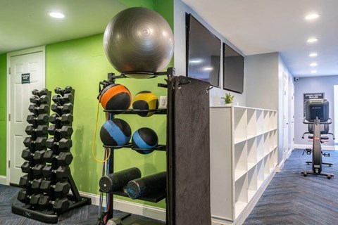 a gym with weights and a mirror on the wall