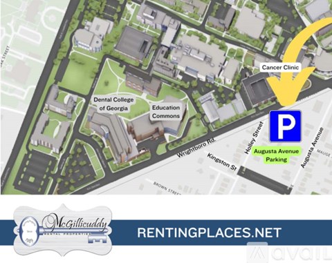 A map shows Augusta Avenue Parking and the Cancer Clinic.