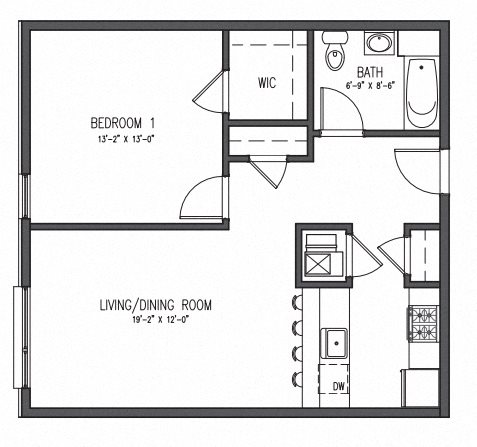 1 Bed 1 Bath Type A Floor Plan 1
