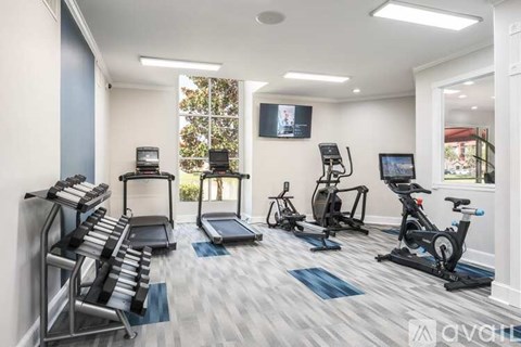 A gym with a variety of equipment including treadmills, stationary bikes, and weight machines.