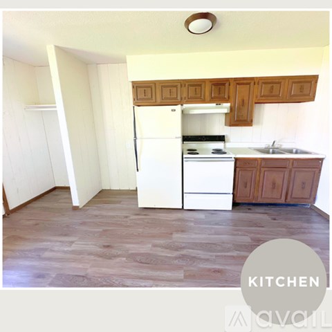 A kitchen with wooden cabinets and a white fridge.