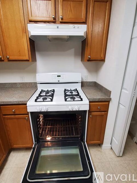 A black and white stove in a kitchen with wooden cabinets.