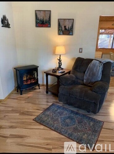 A living room with a grey couch, a small table with a lamp, and a wood burning stove.
