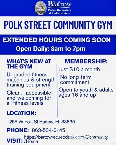 A flyer for the Polk Street Community Gym, highlighting the extended hours, new equipment, and membership details.
