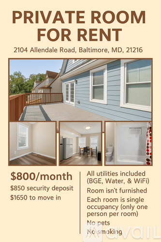 A flyer advertises a private room for rent at 2104 Allendale Road, Baltimore, MD, 21216.