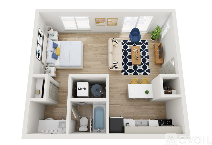 A small apartment with a bedroom, living room, and kitchen area.