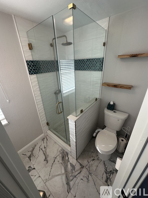 A white toilet in a bathroom with a glass shower door.