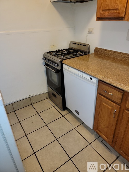 A kitchen with a black stove and white dishwasher.