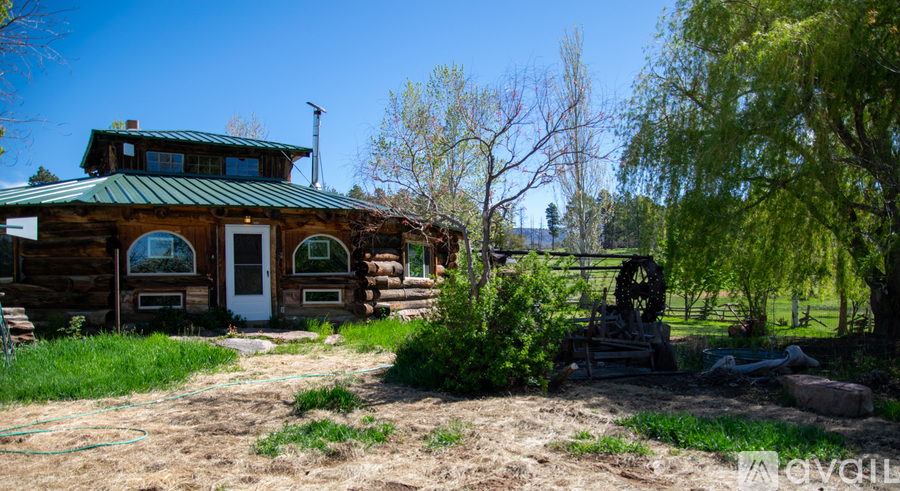 A log cabin with a green roof and a white door is surrounded by trees and grass.