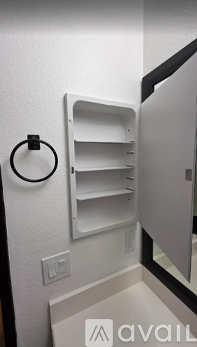 A white door with a black ring on the wall.
