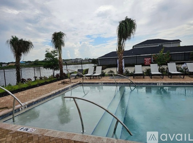 A pool surrounded by palm trees and lounge chairs.