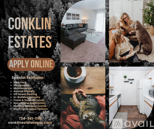 A flyer for Conklin Estates advertising online application and special features.