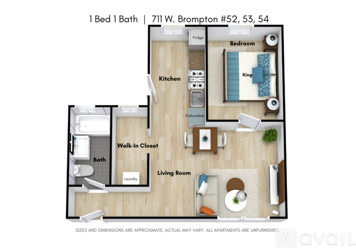 A floor plan of a 1 bedroom apartment at 711 W. Brompton.