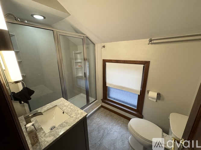 A bathroom with a sink, toilet, and shower.