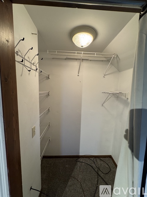 A walk-in closet with white shelving and a light on the ceiling.