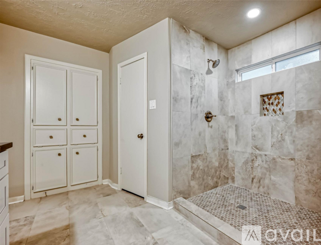 A bathroom with a walk-in shower and a vanity with a cabinet and drawers.