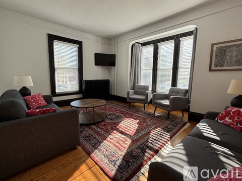 A living room with a grey couch, a rug, and a television.