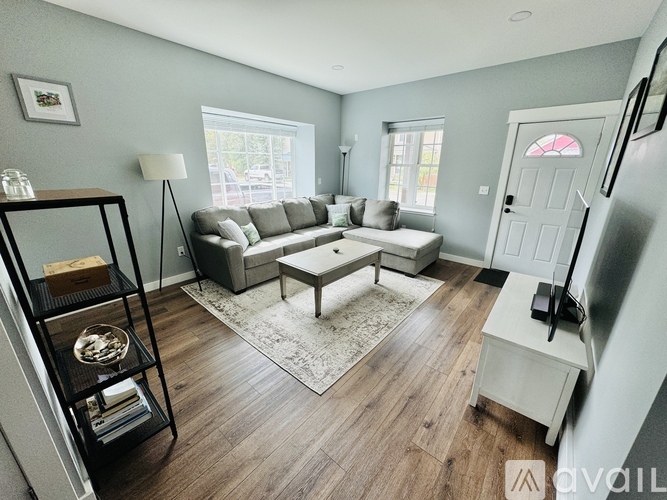 A living room with a grey couch and a white door.