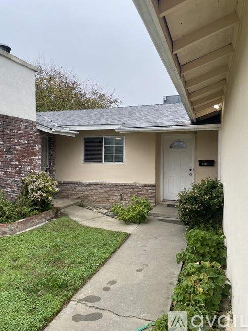 A house with a white garage door is in front of a palm tree.