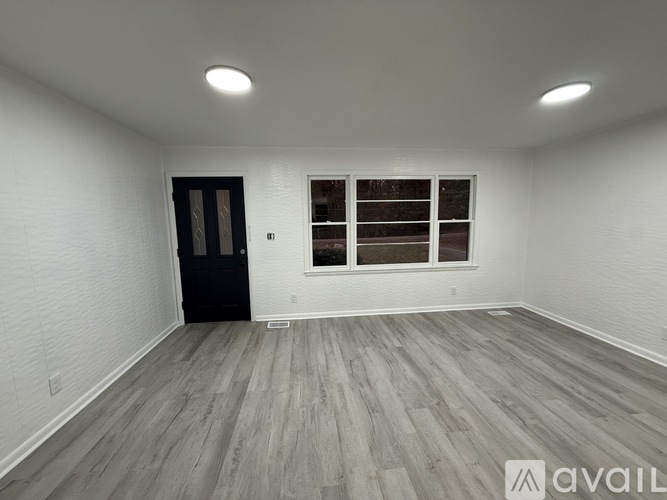 A room with a black door and a window with white frames.