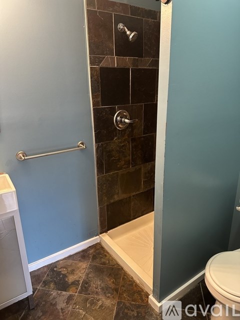 A bathroom with a toilet, a shower with a glass door, and a tiled shower wall.