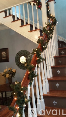 A staircase decorated with Christmas lights and garlands.