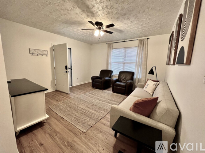 A living room with a couch, chair, and a rug.