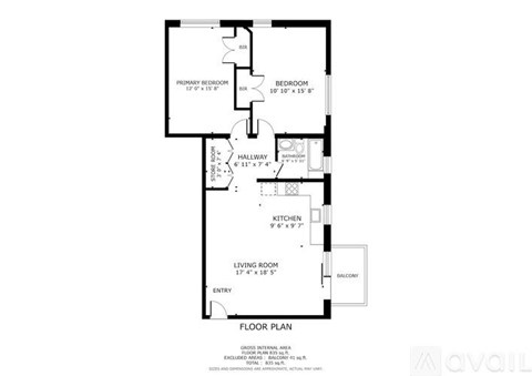 A floor plan of an apartment with a living room, kitchen, and two bedrooms.