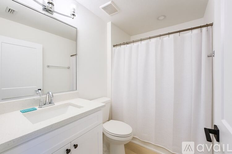 A white bathroom with a toilet, sink, mirror, and shower curtain.