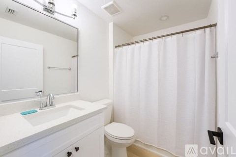 A white bathroom with a toilet, sink, mirror, and shower curtain.