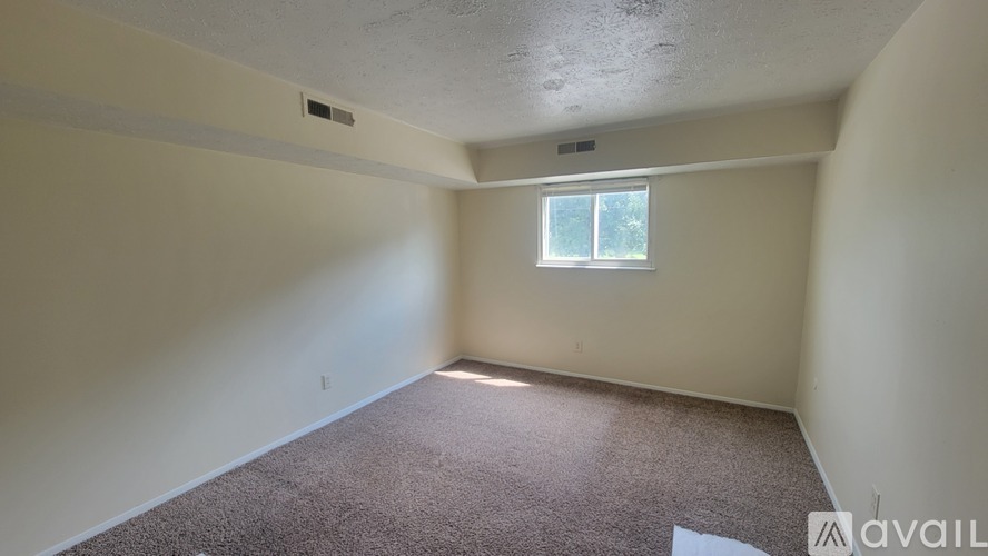 A room with a carpeted floor and a window.