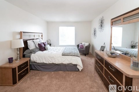 A bedroom with a large bed, a dresser, and a mirror.