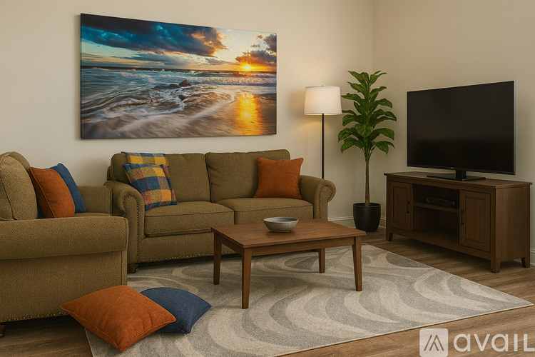 A living room with a large painting on the wall and a couch with pillows.