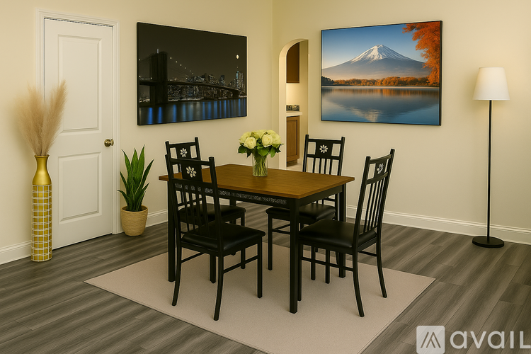 A dining room with a wooden table and chairs.