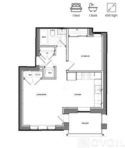 A floor plan of an apartment with one bed, one bath, and 650 square feet.