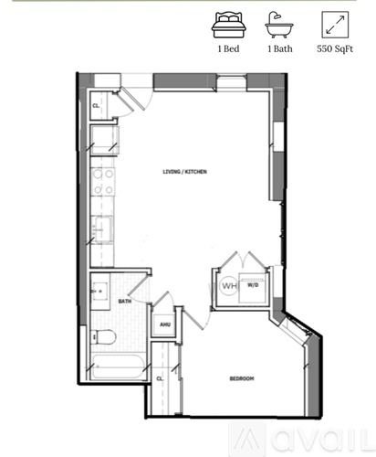A floor plan of a small apartment with one bed and one bath.