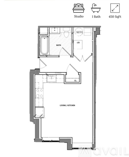 A floor plan of an apartment with a living/kitchen area, one bath, and a studio space.